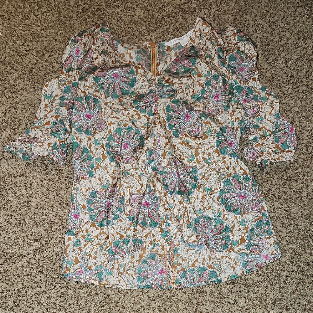 Veronica Beard Blue and Pink Tie Front Ruffled Blouse